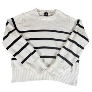 Gap Mens Medium Striped Knit Sweater White Black Cotton Crewneck Casual